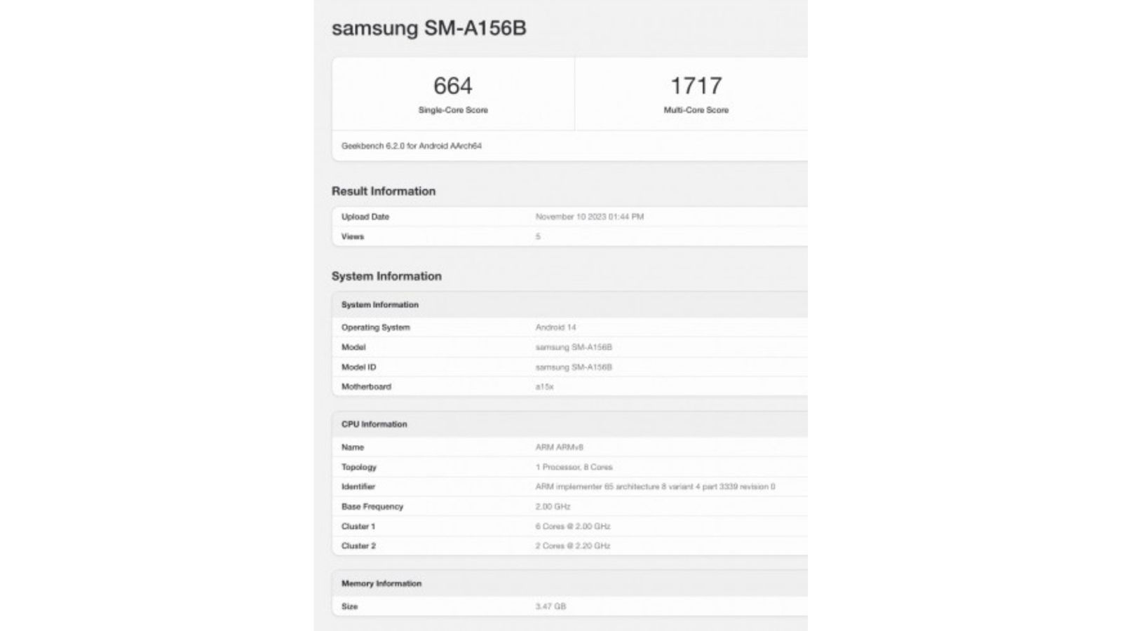 Samsung Galaxy a15 5g Geekbench 2