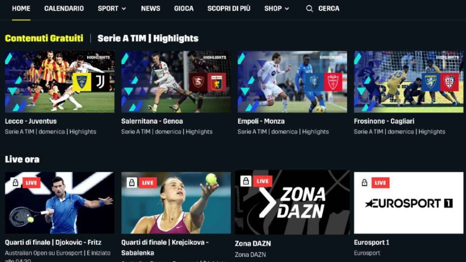 dazn - dettaglio Contenuti GRATIS in App