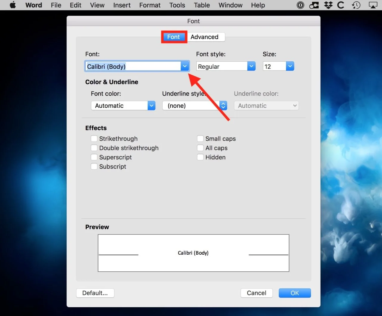 modifica del carattere predefinito su word con sistema operativo macOS