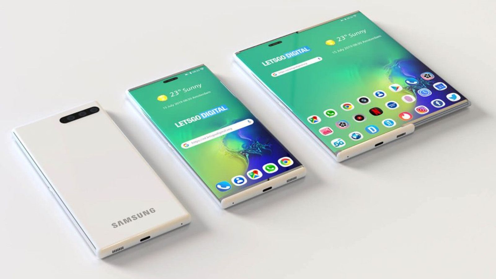 Samsung, foldable, smartphone, pieghevole, arrotolabile, brevetto, concept