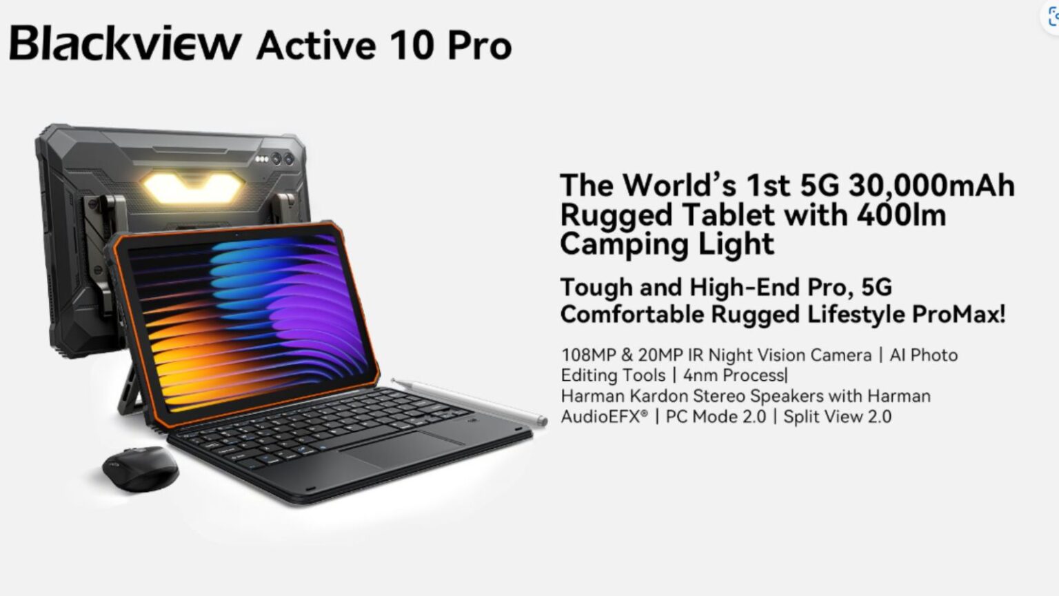 Blackview Active 10 Pro: tablet 5G con batteria da 30'000mAh e luce da campeggio