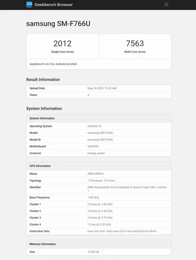 Samsung galaxy Z Flip 7 con Exynos 2500 su GeekBench Benchmark Samsung galaxy Z Flip 7 con Exynos 2500 su GeekBench Benchmark