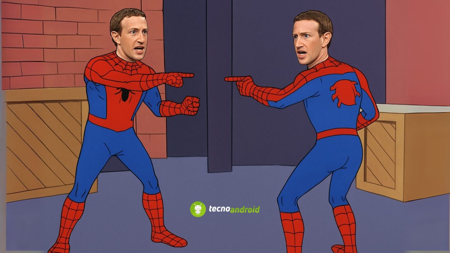 Ragazzo con volto umano in costume da Spider-Man che si affrontano in una discussedione, scena comica, fumetti.