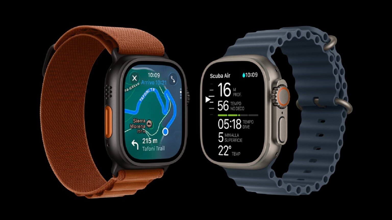 Smartwatch con cinturino in tessuto marrone e quadrante digitale con funzioni di navigazione e monitoraggio attività.