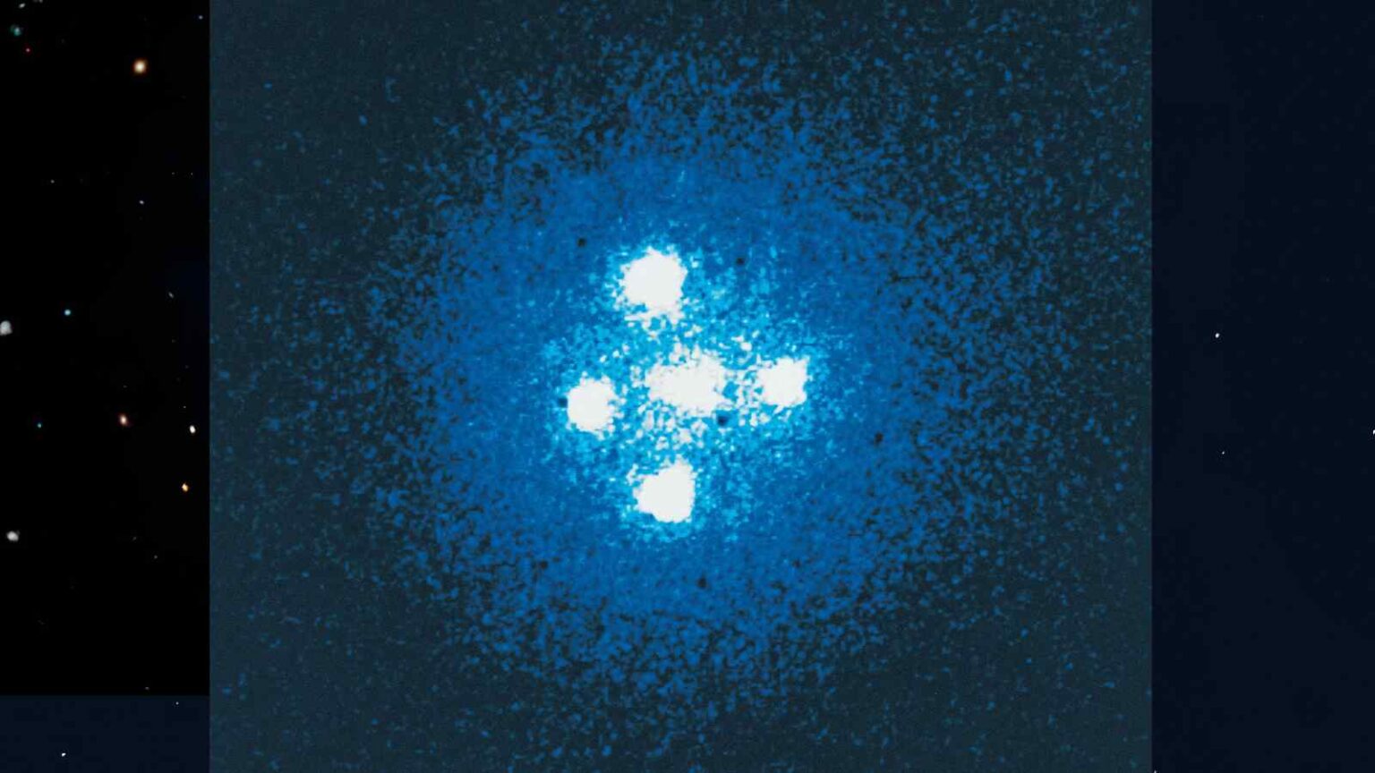 Una Croce di Einstein con cinque immagini rivela la presenza di un enorme alone di materia oscura nella galassia HerS-3.
