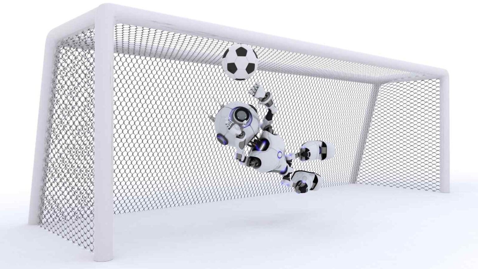 Robot calcio che blocca una palla in una porta da calcio bianca, tecnologia avanzata, robotis, intelligenza artificiale, innovazione, sport, gaming robot, fantasia digitale.