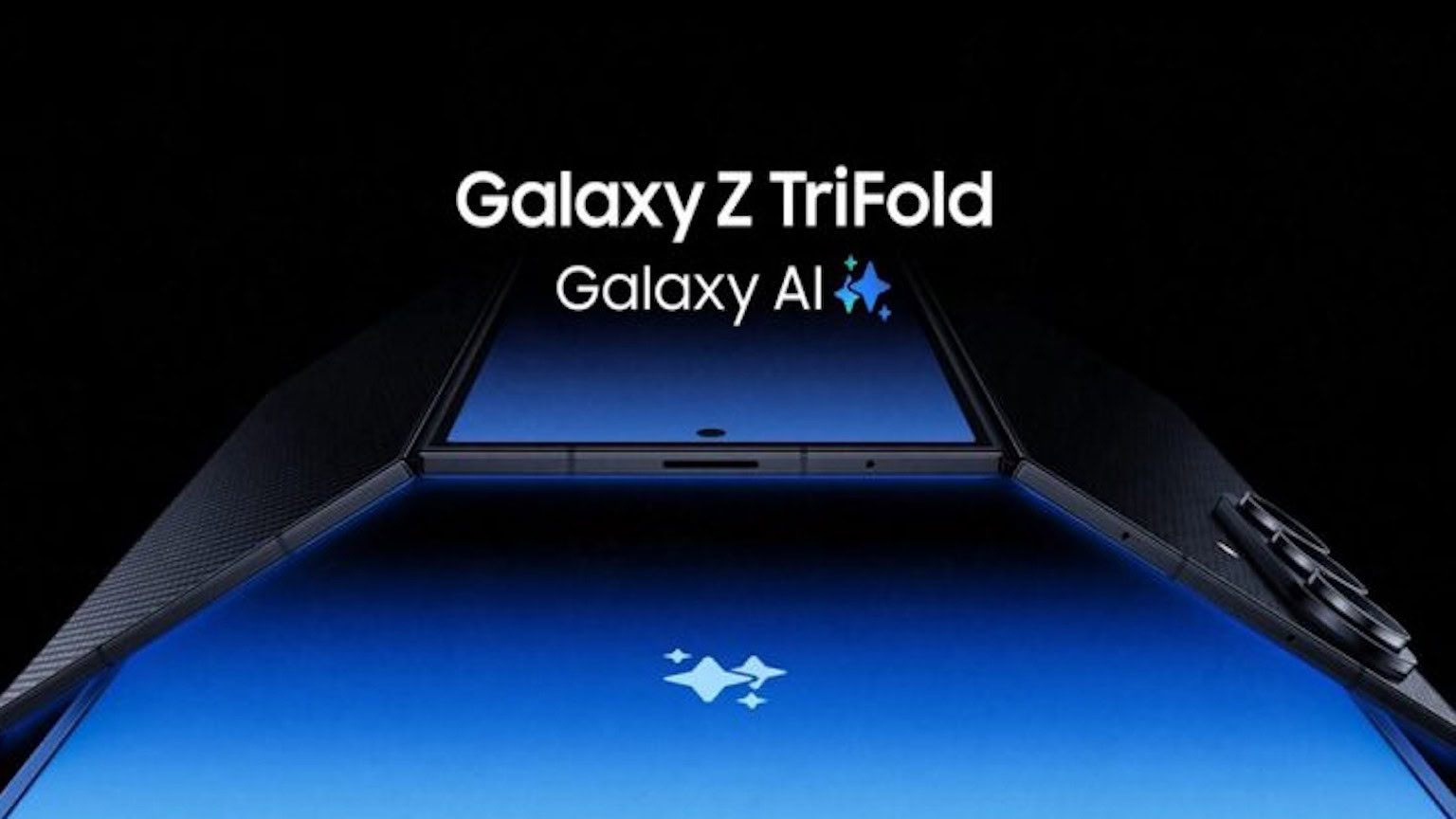 Immagine del Galaxy Z Fold3 in apertura con schermo blu e fotocamera tripla. Potente, innovativo e perfetto per tecnologia e portabilità, progettato per utenti che cercano versatilità e qualità elevata.