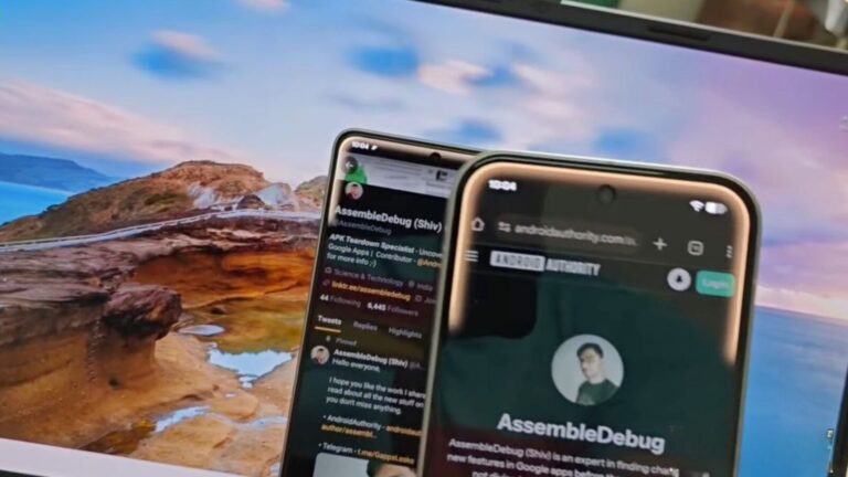 Dispositivo Android con schermo che mostra Twitter e sito web, accanto a uno smartphone con contenuti di tecnologia, su sfondo di paesaggio naturale e acqua, ideale per contenuti tech e novità tecnologiche.