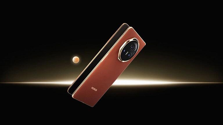 Alt text: Smartphone Honor Magic 3 con fotocamera rotativa, design elegante e materiali di alta qualità, in un'ambientazione spaziale futuristica, evidenziando tecnologia avanzata e innovazione.