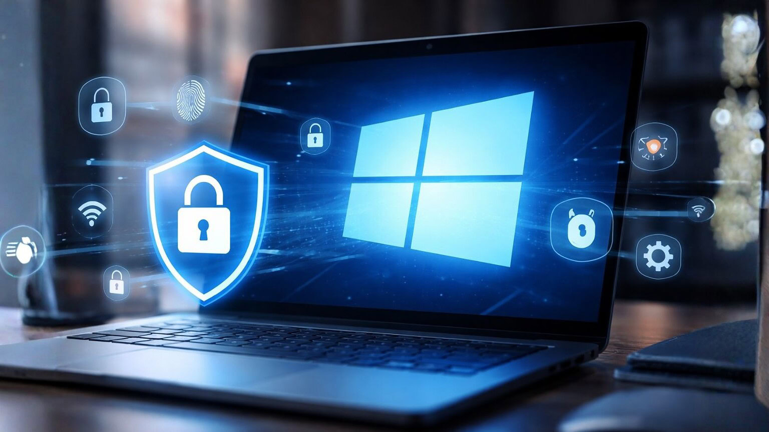 Schermata di un laptop con icone di sicurezza e lock digitali, simbolo di protezione dei dati e sicurezza informatica.