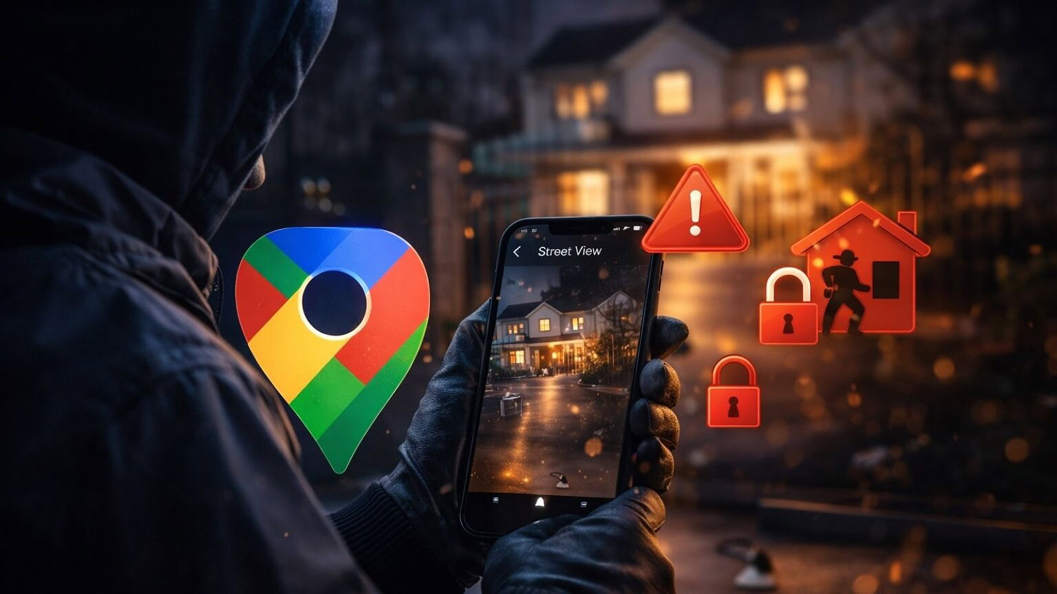 Avviso di minacce sulla sicurezza domestica visualizzato su smartphone, con simboli di allarme e sicurezza, evidenziando la protezione degli ambienti urbani grazie a tecnologie avanzate.