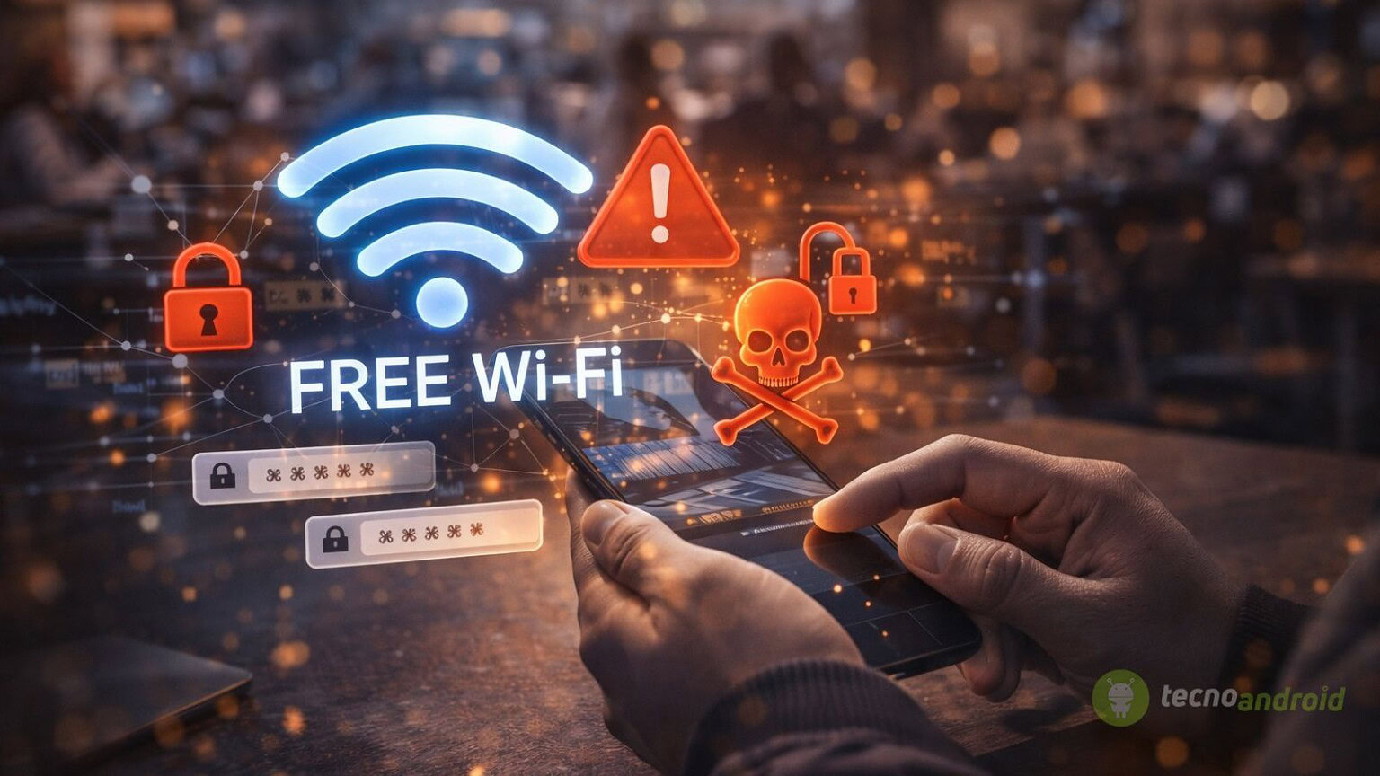 Immagine di uno smartphone con simboli di Wi-Fi, segnale di avvertimento e icone di sicurezza, che evidenzia i rischi di usare reti Wi-Fi gratuite senza protezione.