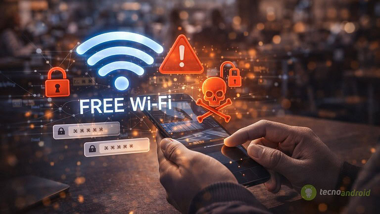 Immagine di uno smartphone con simboli di Wi-Fi, segnale di avvertimento e icone di sicurezza, che evidenzia i rischi di usare reti Wi-Fi gratuite senza protezione.