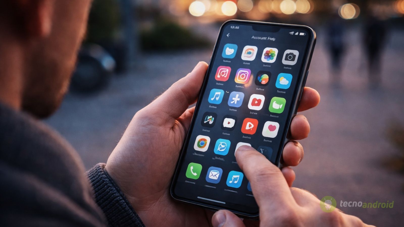 Immagine di uno smartphone con varie app social e di comunicazione sul display, utilizzato all'aperto durante il tramonto, esempio di tecnologia e novità nel mondo Android.