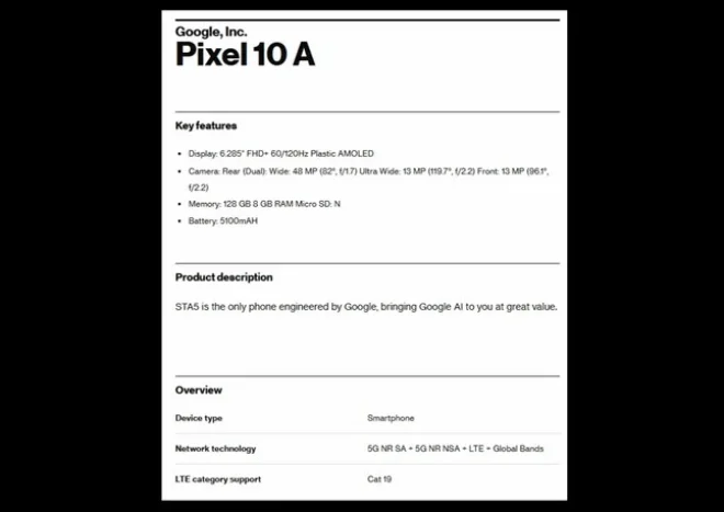 Specifiche Google Pixel 10a Specifiche Google Pixel 10a