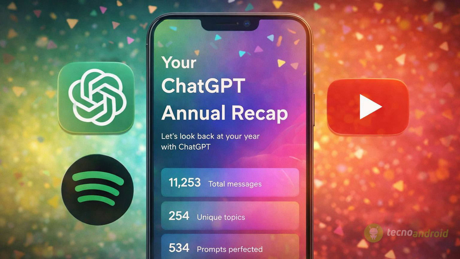 Immagine di uno smartphone con schermata di recap annuale di ChatGPT, circondato da loghi di ChatGPT, Spotify e YouTube, in un contesto colorato e festoso, ideale per approfondimenti su tecnologia, intelligenza artificiale e digitalizzazione.