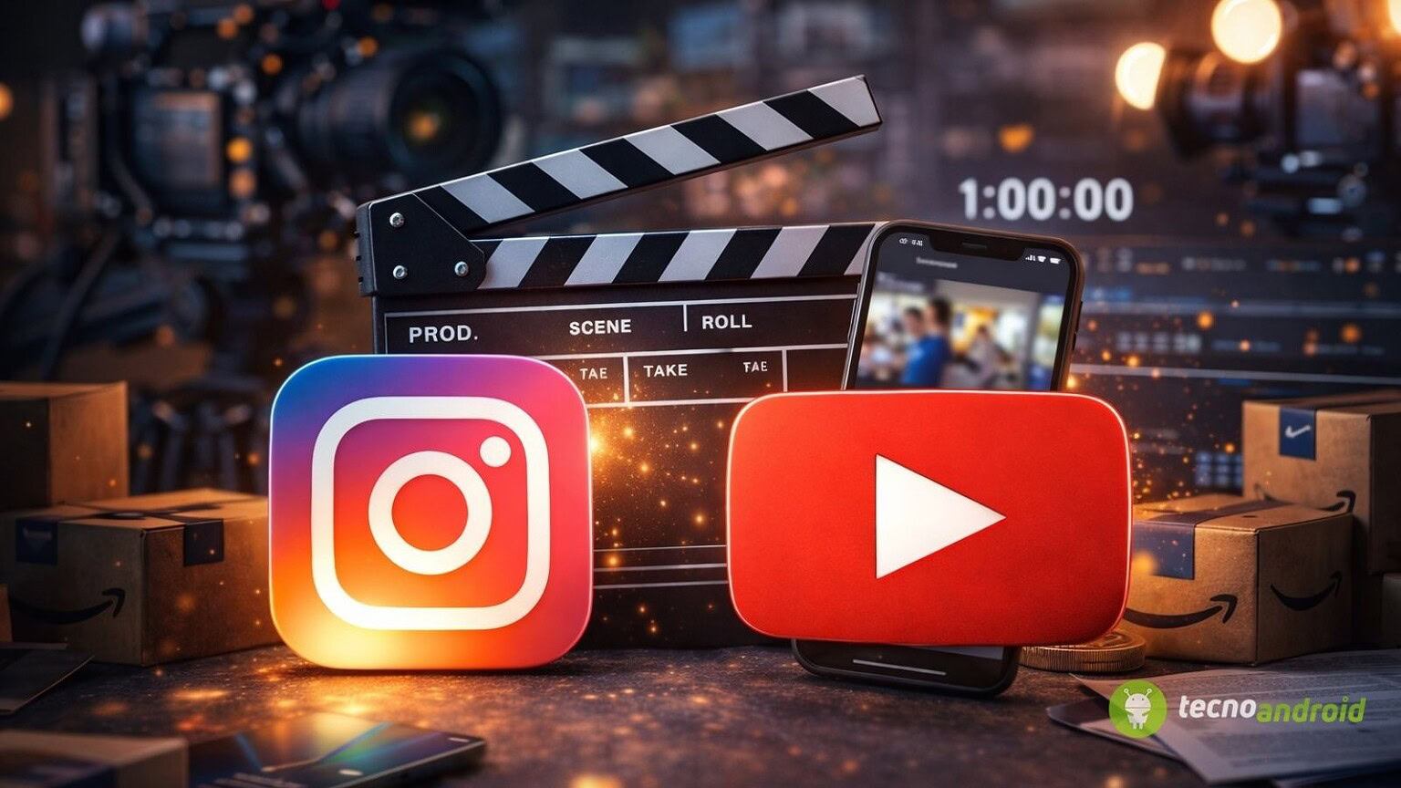 Icone di Instagram e YouTube su sfondo di produzione video e smartphone.