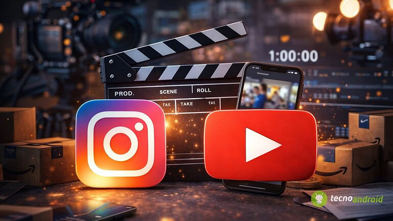 Icone di Instagram e YouTube su sfondo di produzione video e smartphone.