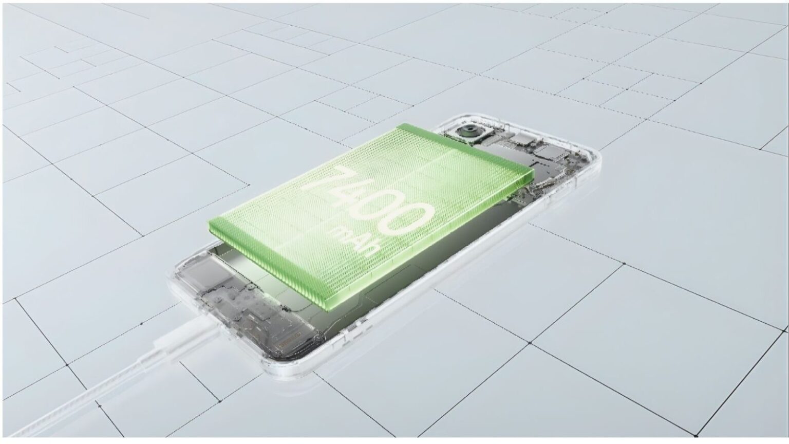 Immagine di uno smartphone con batteria verde luminosa che indica l'energia e la durata della batteria, con dettagli tecnici visibili, simbolo di tecnologie avanzate e innovazione nel settore mobile.