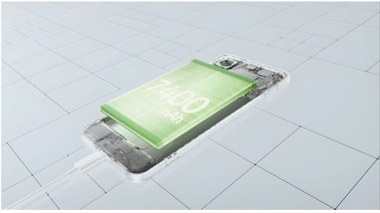 Immagine di uno smartphone con batteria verde luminosa che indica l'energia e la durata della batteria, con dettagli tecnici visibili, simbolo di tecnologie avanzate e innovazione nel settore mobile.