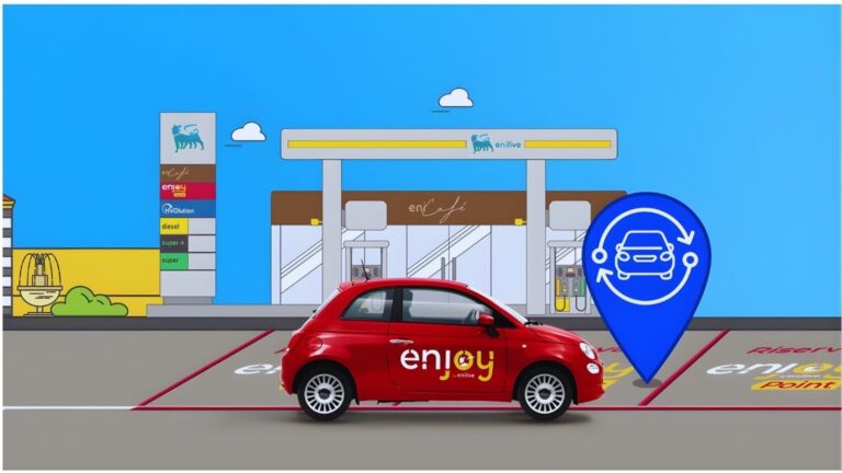 Auto elettrico presso stazione di rifornimento con tecnologia smart e sostenibile.