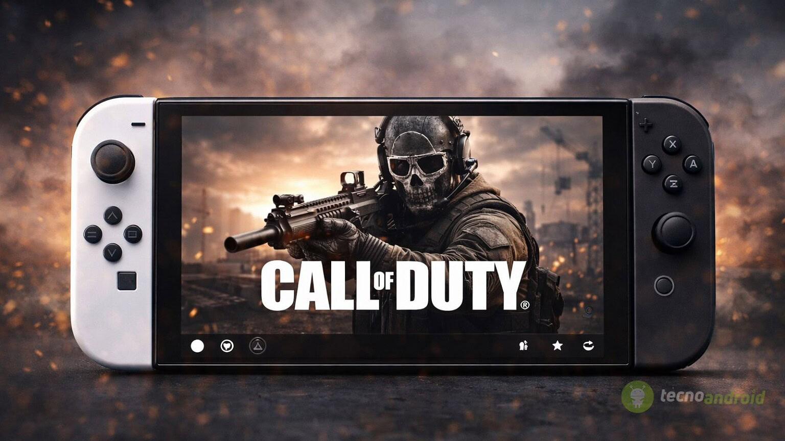 Schermo portatile con gioco Call of Duty, personaggio con casco e arma, ambientazione di battaglia intensa, tecnologia gaming, intrattenimento su dispositivi mobile e console portatile.