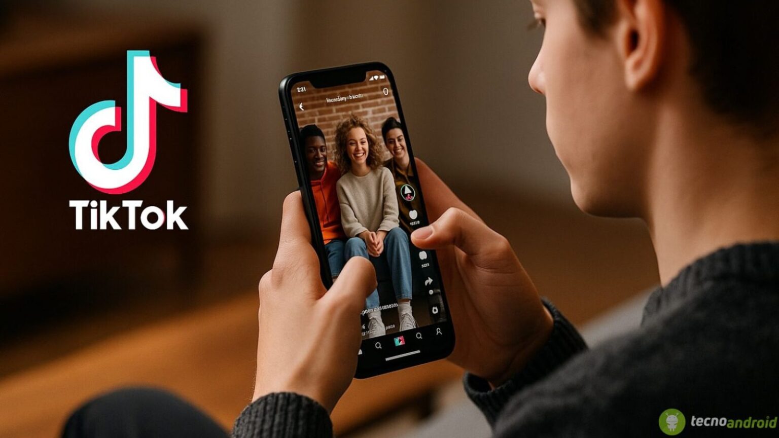 Foto di un giovane che manda un video su TikTok con amici sorridenti.