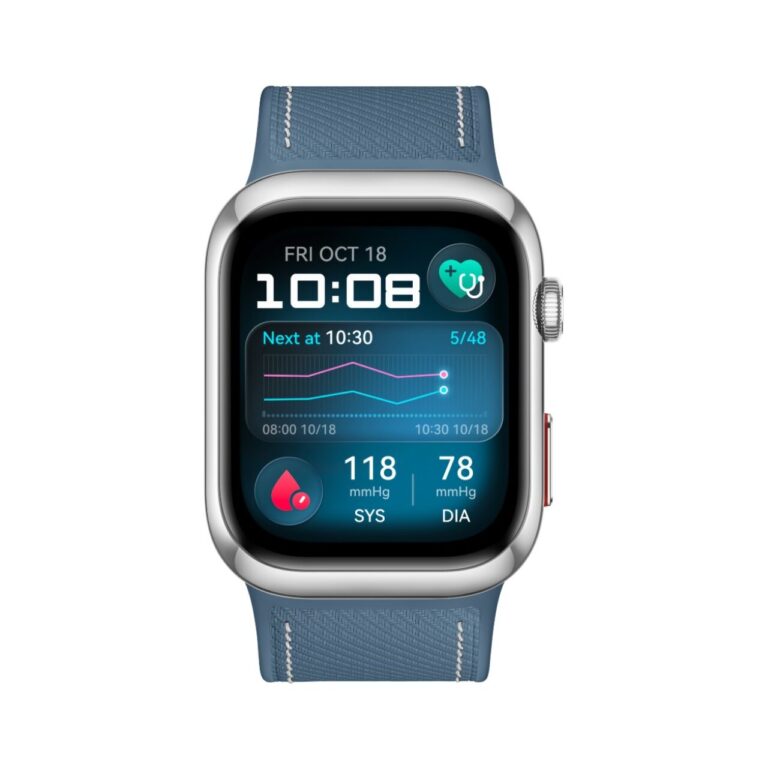 huawei - design Alt text: Smartwatch con display digitale che mostra dati di pressione sanguigna, frequenza cardiaca e grafici di salute, ideale per monitorare il benessere quotidiano.