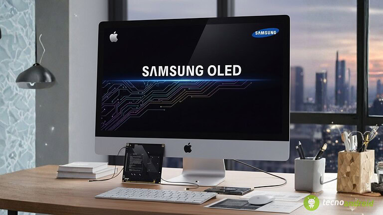 Monitor Samsung OLED, computer Apple e accessori, ambiente di lavoro moderno con vista città, per appassionati di tech e novità tecnologiche su TecnoAndroid.