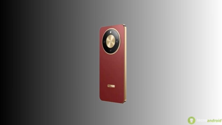 Smartphone Honor con design elegante e fotocamera circolare, disponibile in rosso con dettagli dorati, perfetto per chi cerca stile e funzionalità.