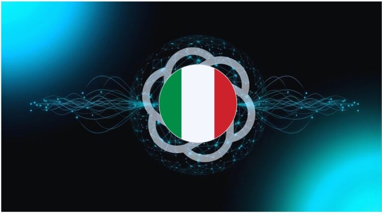 Icona digitale con bandiera italiana e rete tecnologica, simbolo di innovazione, tecnologia e comunicazione digitale italiana.