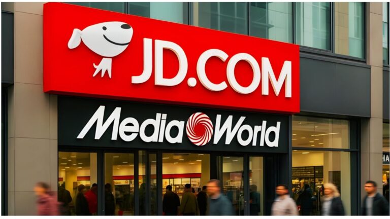 Immagine di un negozio MediaWorld con il grande cartellone Jd.com in evidenza.