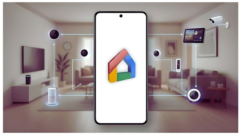 Telefoni moderni con fotocamere a 360°, telecamere di sicurezza, assistenti vocali e dispositivi intelligenti per la casa e la sicurezza.