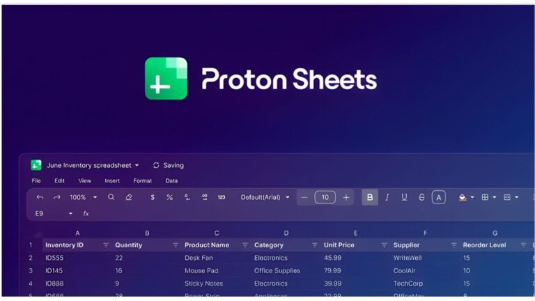 Potente applicazione Proton Sheets per creare, modificare e condividere fogli di calcolo online, con funzioni avanzate per produttività e collaborazione.