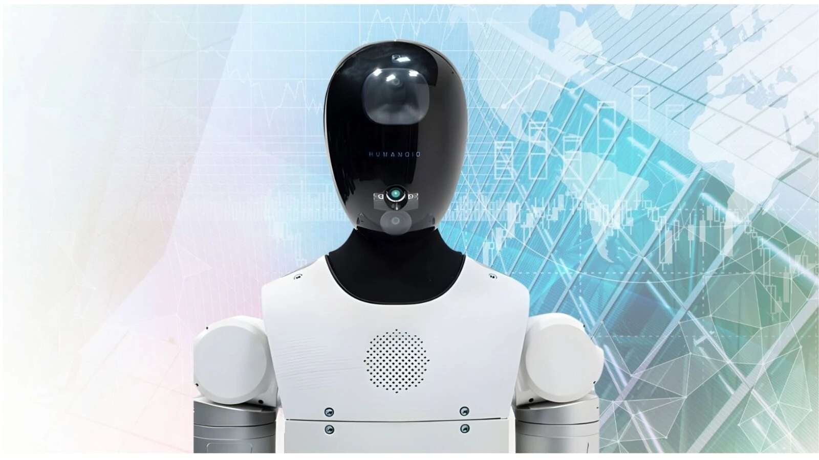 Robot umanoide futuristico con schermo nero lucido e design avanzato.