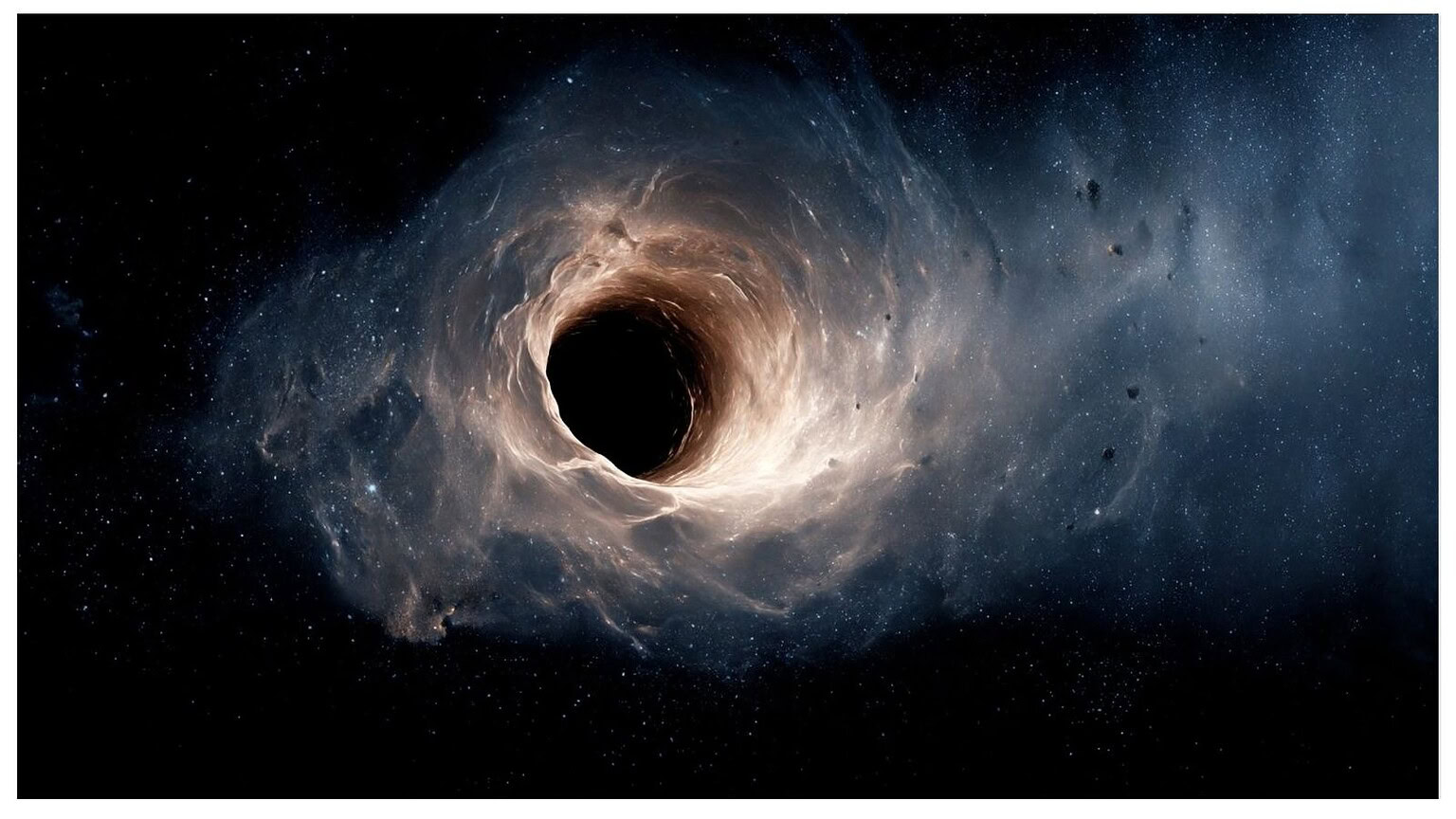 Immagine di un buco nero nello spazio profondo, circondato da stelle e materia cosmica, simbolo di mistero e scoperta nell'universo.