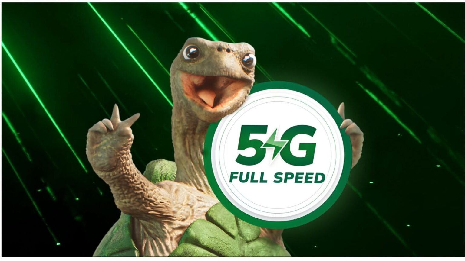 Immagine promozionale di un sorriso raggiante con un logo 5G full speed.