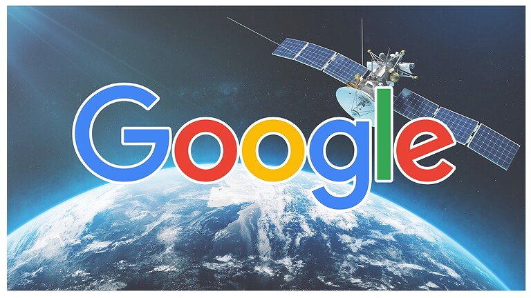 Immagine del satellite artificiale nello spazio sopra la Terra, con il logo Google al centro. Illustra innovazioni tecnologiche, esplorazione spaziale e strumenti di comunicazione globale, ottimo per contenuti tecnologici.