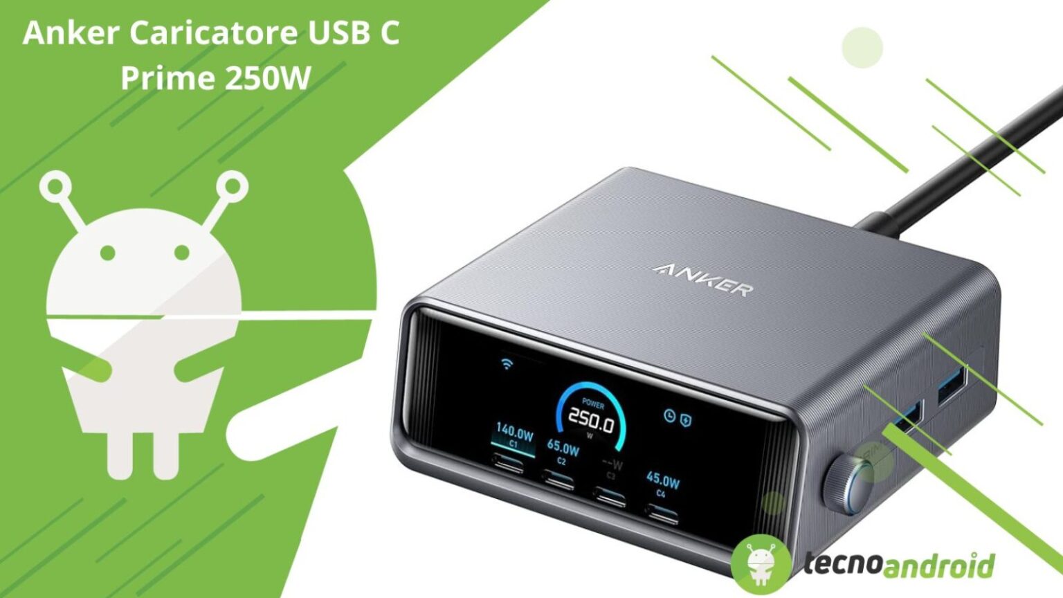 Caricatore Anker USB C con display digitale, potenza di 250W, compatibile con dispositivi diversi, ricarica veloce, design compatto e moderno, ottimo per smartphone e laptop.
