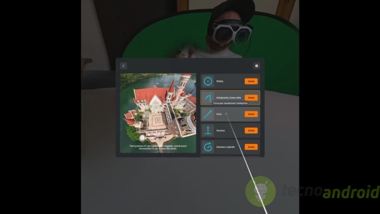 Tecnologia VR da TegnoAndroid. Immagine di Realtà Virtuale con plancia di controllo per droni o modelli 3D, con molte funzioni come Aero, Linea retta, Volo, Ascensore e Rotazione.