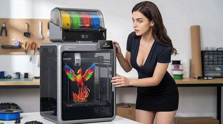 Alt text: Stampante 3D Creality con oggetto artigianale colorato di un uccello intagliato in filamento multicolore, in un ambiente di laboratorio o officina.