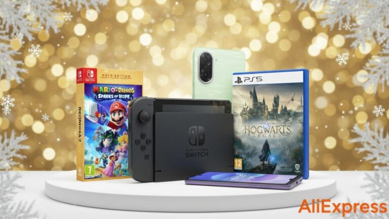 Nintendo Switch, smartphone e giochi videogioco in un'ambientazione festiva, ideale per appassionati di tecnologia e gaming, promozione di console e dispositivi smart.