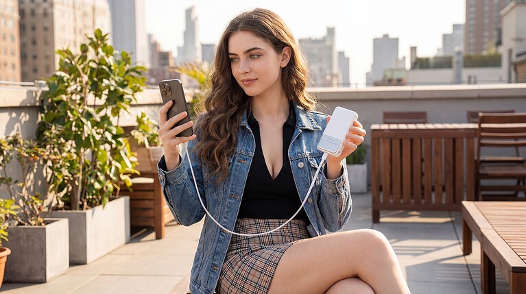 Donna giovane con smartphone durante sessione di ricarica e connettività 5G su terrazza in città.