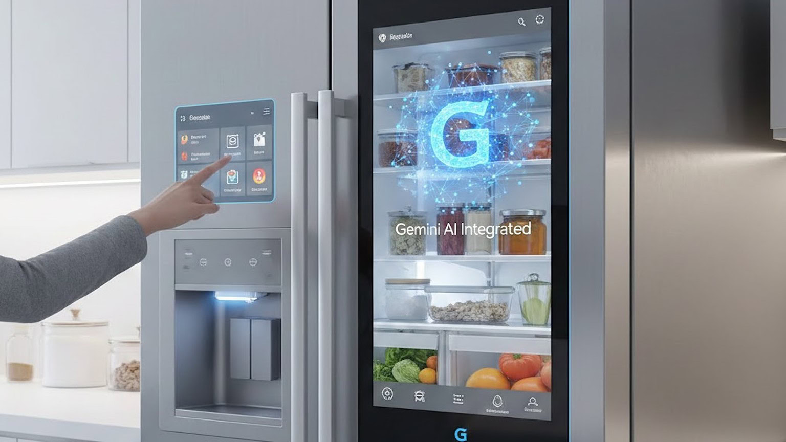 Schermo touch con tecnologia AI integrata, frigorifero moderno con schermo digitale per gestione smart degli alimenti e funzioni avanzate, innovazione tecnologica in cucina.