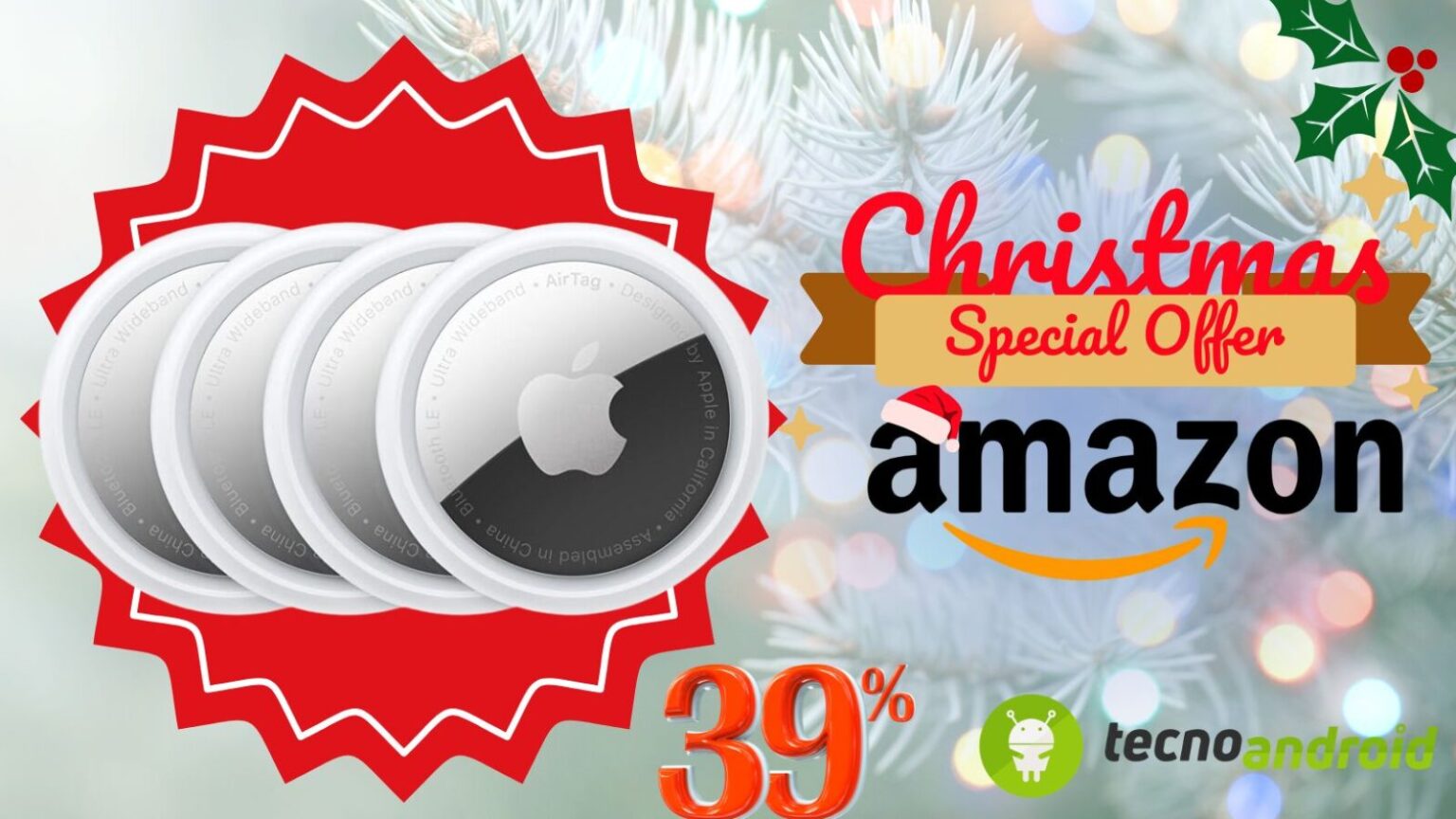 AirTag Apple in promozione Natale su Amazon, sconto speciale del 39%. Perfetto per localizzare facilmente oggetti e chiavi. Ideale per regali di Natale, disponibile con sconto esclusivo, consegna rapida.