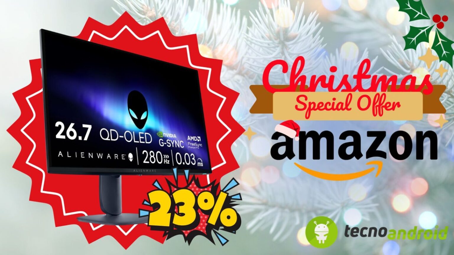 amazon, Monitor da gaming Alienware 26.7" QD-OLED, risoluzione 4K, tecnologia G-SYNC, elevata frequenza di aggiornamento, ideale per appassionati di gaming e tecnologia.