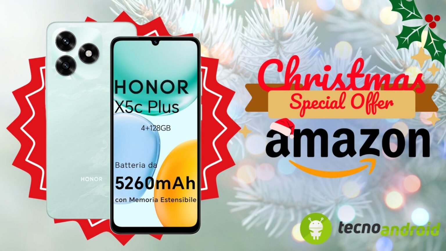 amazon. Smartphone Honor X5c Plus con batteria da 5260mAh, memoria estensibile, disponibile su Amazon con promozione natalizia. Ottimo rapporto qualità-prezzo per chi cerca uno smartphone affidabile e potente.