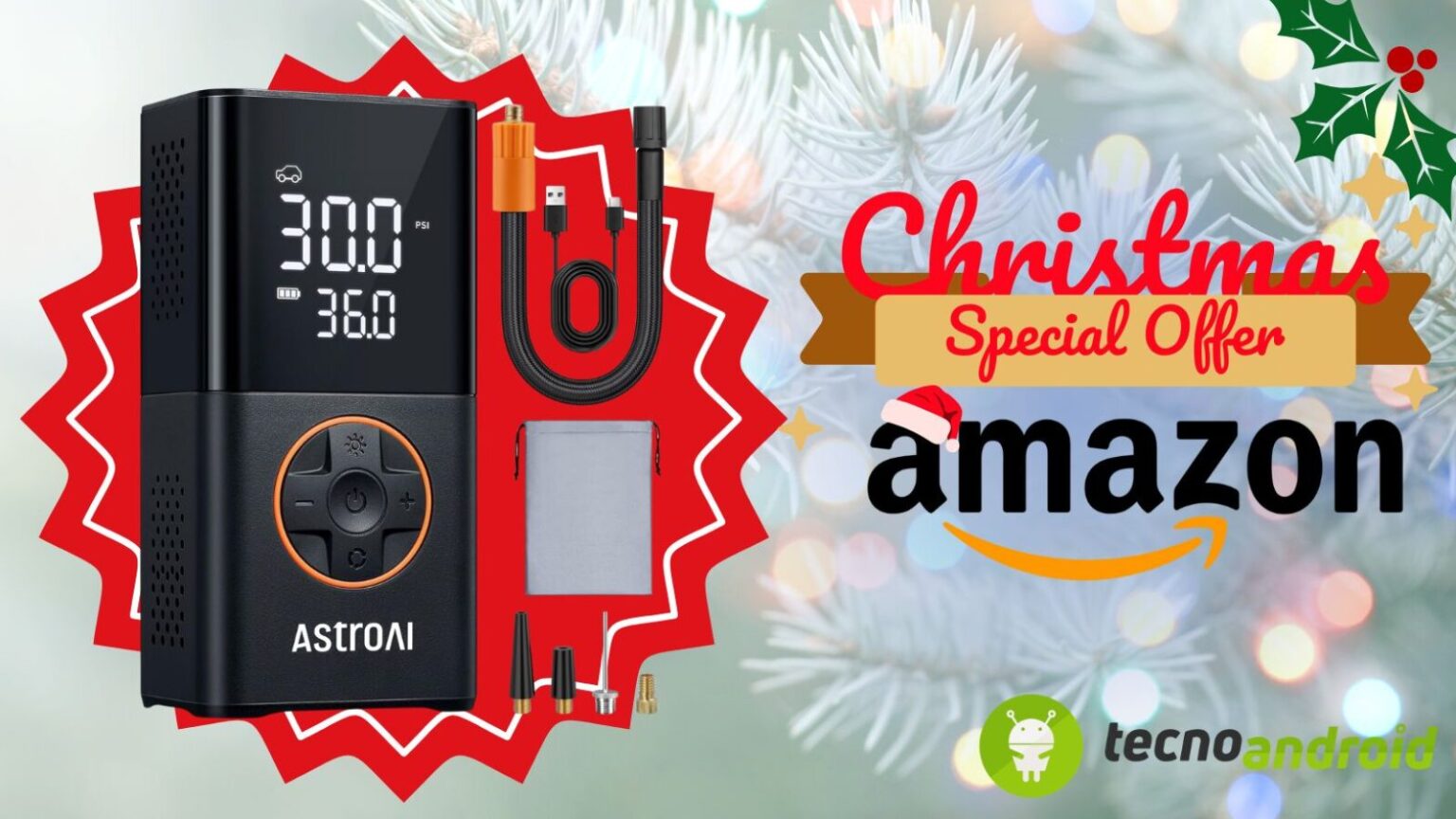 Pompa auto digitale, manometro e accessori, promozione natalizia su Amazon, strumenti per gonfiaggio pneumatici, offerte Christmas.
