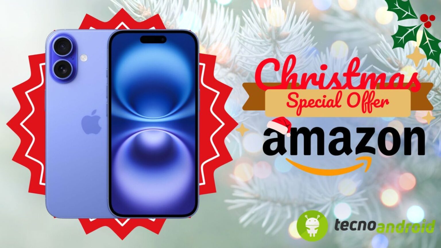amazon. Alt text: Smartphone Apple iPhone 13 blu con doppia fotocamera, display luminoso e design elegante, presentato con sfondo natalizio e promo speciale di Amazon.
