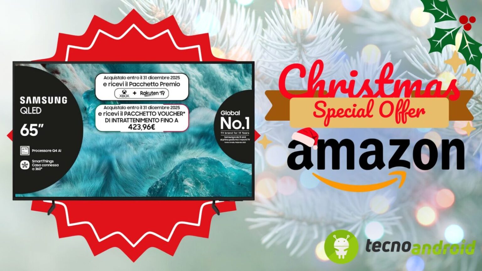 amazon Schermo TV Samsung QLED da 65 pollici con tecnologia QLED, SmartThings, processore Q4 AI e compatibilità con Alexa, ideale per home entertainment by TecnoAndroid.